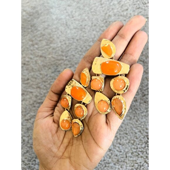 Chunky Orange earrings , large gold chandelier earrings  , vintage style , long - Picture 3 of 8